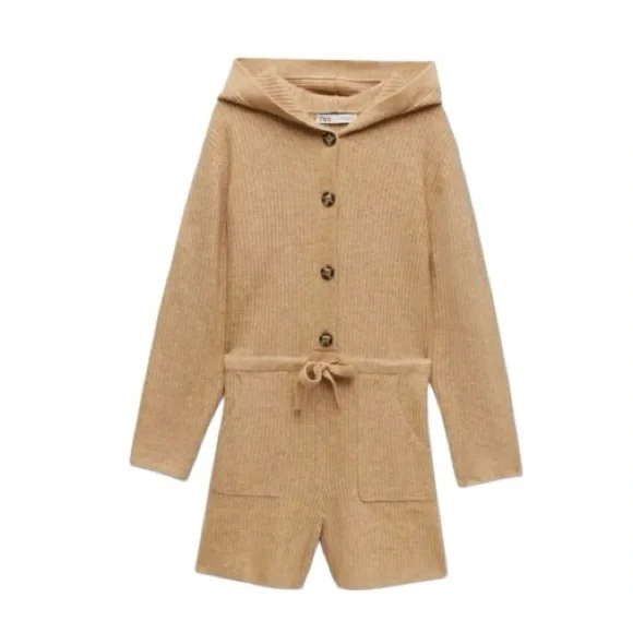 Zara Tan Hooded Shorts Sweater Romper - Picture 4 of 8